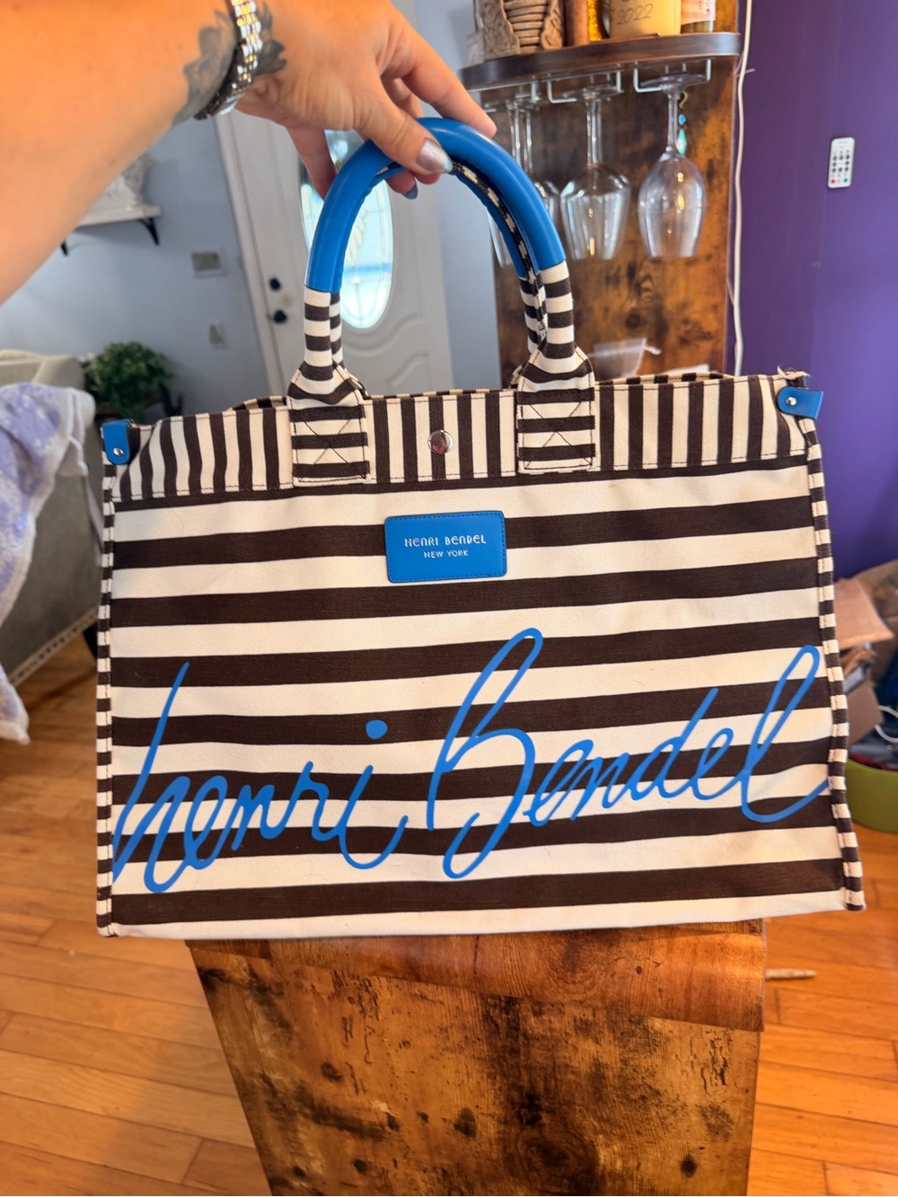 henri bendel Black & White Striped Canvas Tote with Blue Script